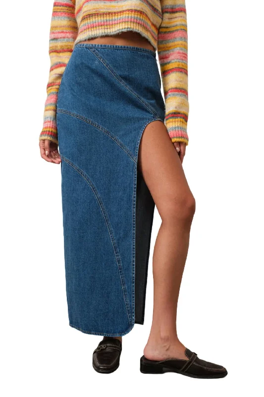 burnt orange skater skirts casual -Denim Maxi Skirt With Front Slit In Blue