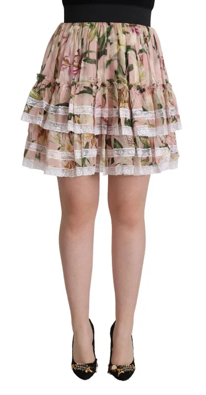 khaki utility skirts versatile -Dolce & Gabbana Elegant Lily Print Tie A-Line Mini Women's Skirt