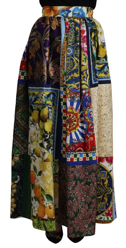 burnt orange ruffle skirts vibrant -Dolce & Gabbana High Waist Maxi Skirt with Sicilian Women's Patterns