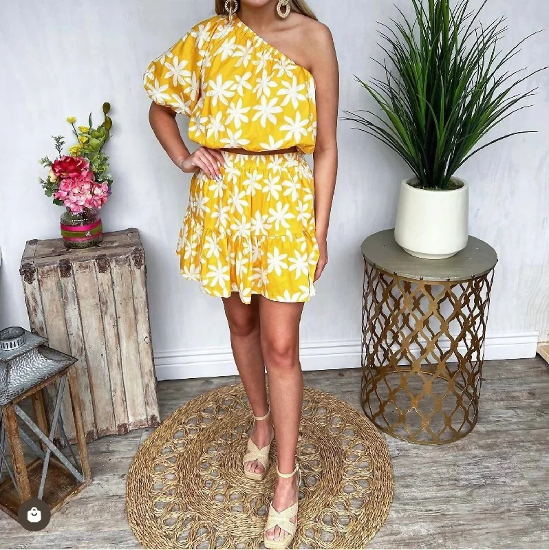 taupe high waisted skirts elegant -Floral One Shoulder Top And Skirt Set In Yellow Plumeria