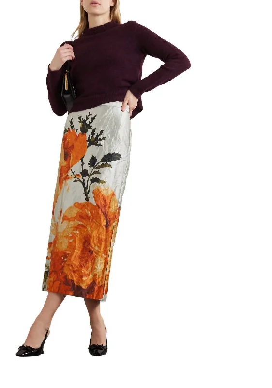 coral wrap skirts elegant -Floral Satin Pencil Midi Skirt In Pearl