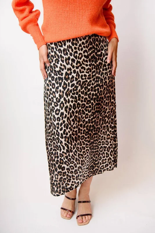 navy blue flared skirts feminine -Leopard Midi Skirt In Brown