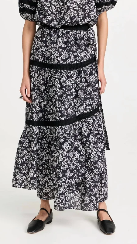 indigo wrap skirts versatile -Prins Print Skirt In Black Stamped Floral Print