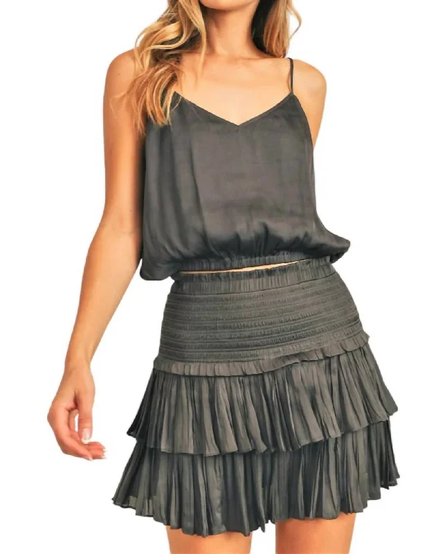 khaki utility skirts rugged -Silky Smocking Layered Skirt In Charcoal