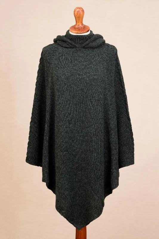 cardigan emerald shade -Adventurous Style in Moss Knit Alpaca Blend Hooded Poncho in Moss from Peru