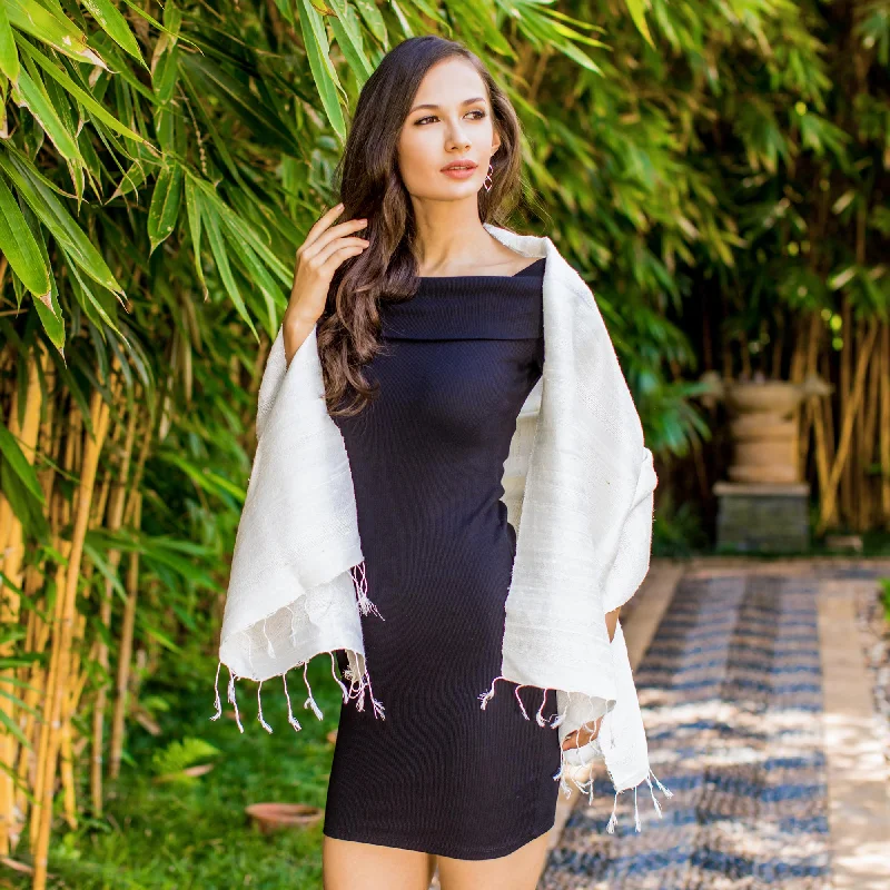 cardigan classy design -Afternoon Breeze Handwoven Fringed Silk Shawl in Ivory from Thailand