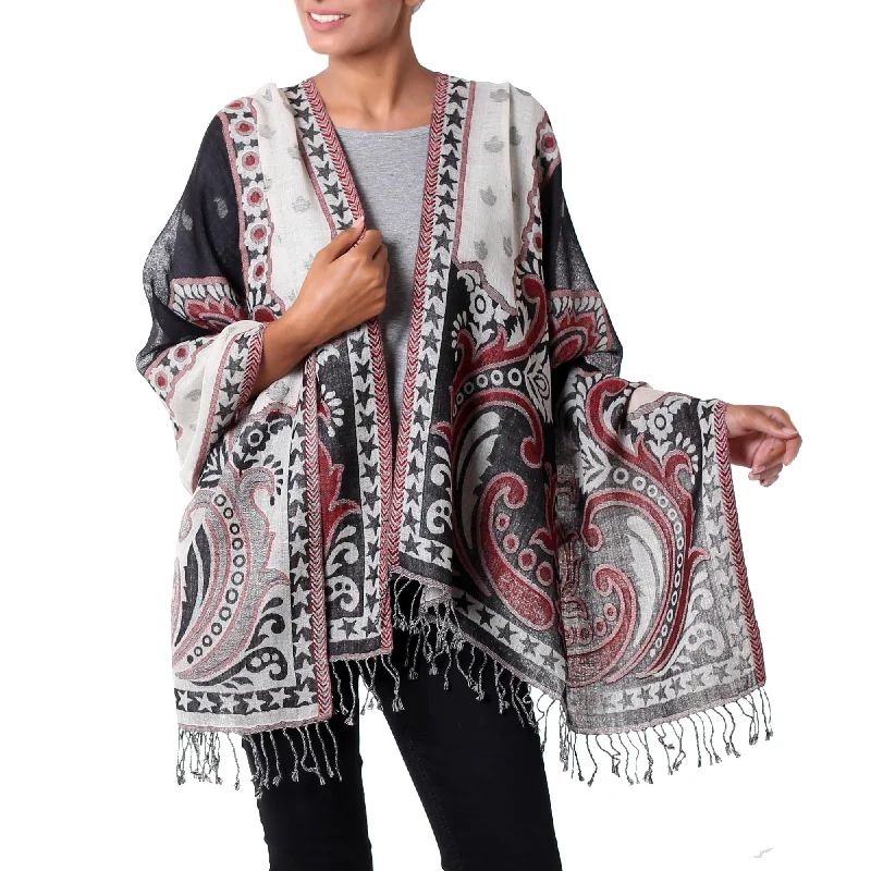 cardigan earthy cashmere -Agra Night Dramatic Indian Wool Shawl in Black and White with Red