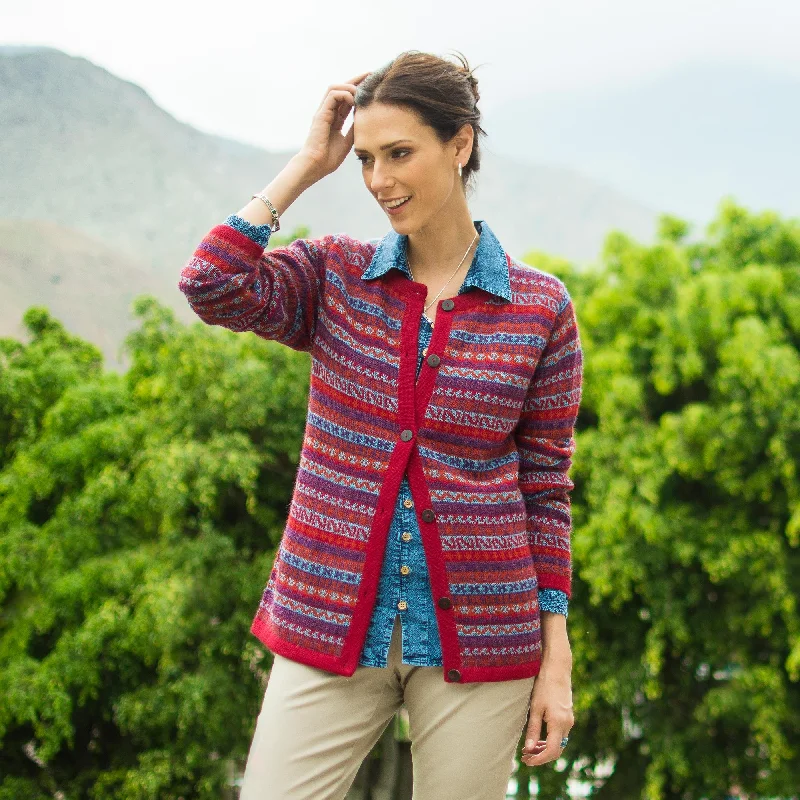 cardigan floral embroidery -Andean Appeal Striped 100% Alpaca Cardigan Crafted in Peru