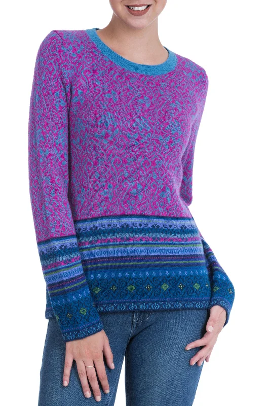 cardigan classy grey -Andean Flowers 100% Alpaca Pullover in Fuchsia Floral from Peru