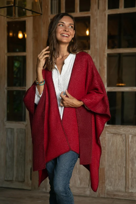 cardigan hip maroon -Andean Vistas in Wine Reversible Alpaca Blend Ruana in Tomato and Wine