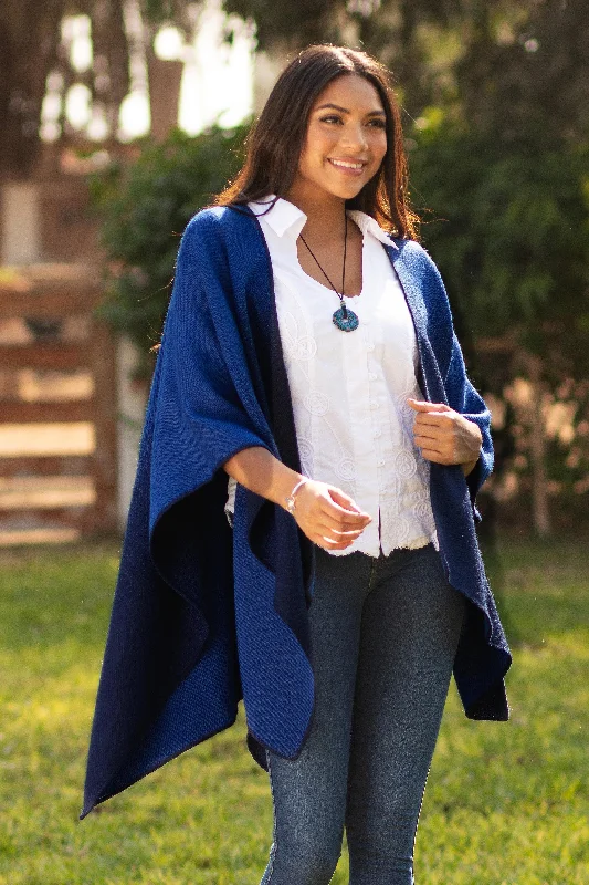 cardigan tonal knit -Andean Wind in Cornflower Reversible Alpaca Blend Ruana in Cornflower and Navy