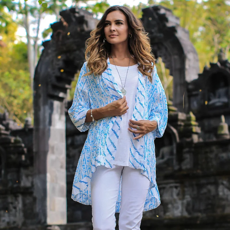 cardigan snap buttons -Azure Helix Printed Rayon Kimono in Azure from Bali