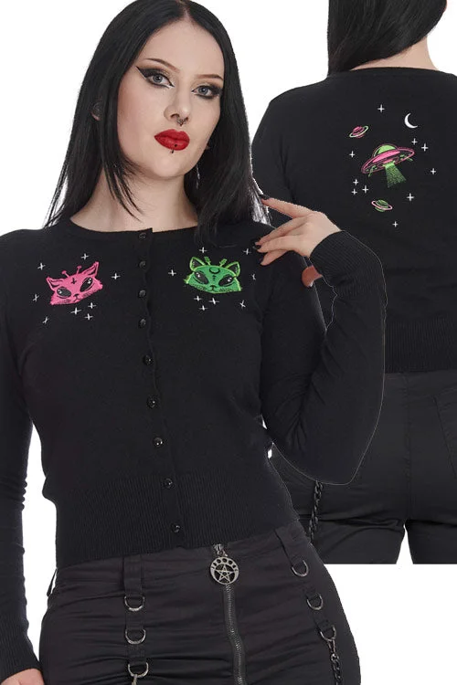 cardigan punchy knit -Banned Alien Space Cat Cardigan in Black with Back Design