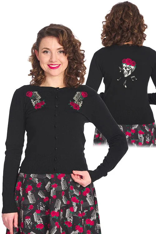 cardigan trendy hues -Banned Nashville Singing Rose Vintage Inspired Embroidered Cardigan in Black with Microphone Detailing