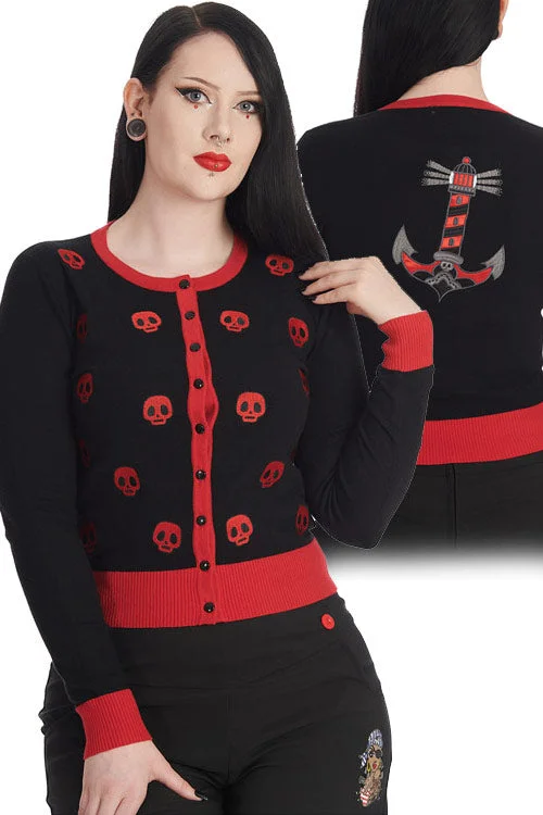 cardigan punchy fit -Banned Sail and Skull Embroidered Cardigan in Black and Red with Back Motif