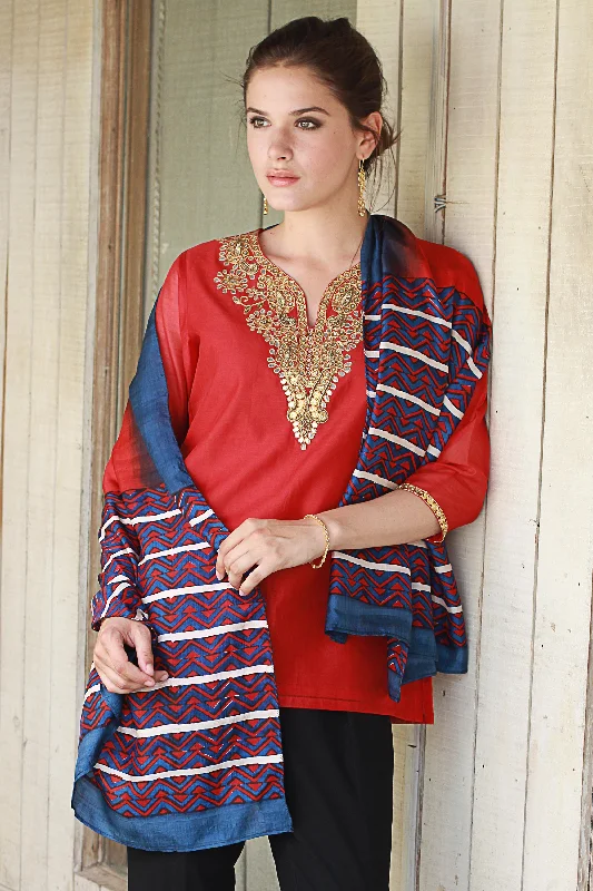 cardigan silky cashmere -Bengali Festival in Cinnabar Hand Woven Cinnabar Azure Geometric Silk Shawl from India