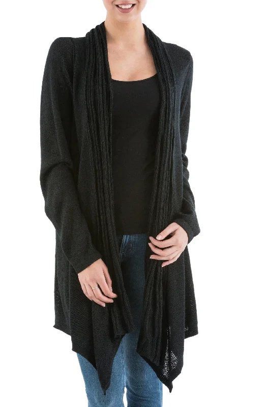 cardigan heated fabric -Black Waterfall Dream Long Sleeved Black Cardigan Sweater from Peru