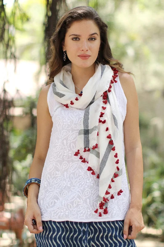 cardigan jade green -Blissful Simplicity Hand Woven Silk Cotton Blend White Shawl with Red Tassels