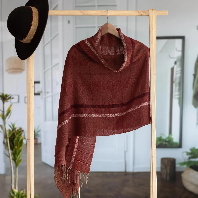 cardigan striking wool -Burgundy Windowpanes Handwoven Patterned Burgundy and Brown Baby Alpaca Shawl