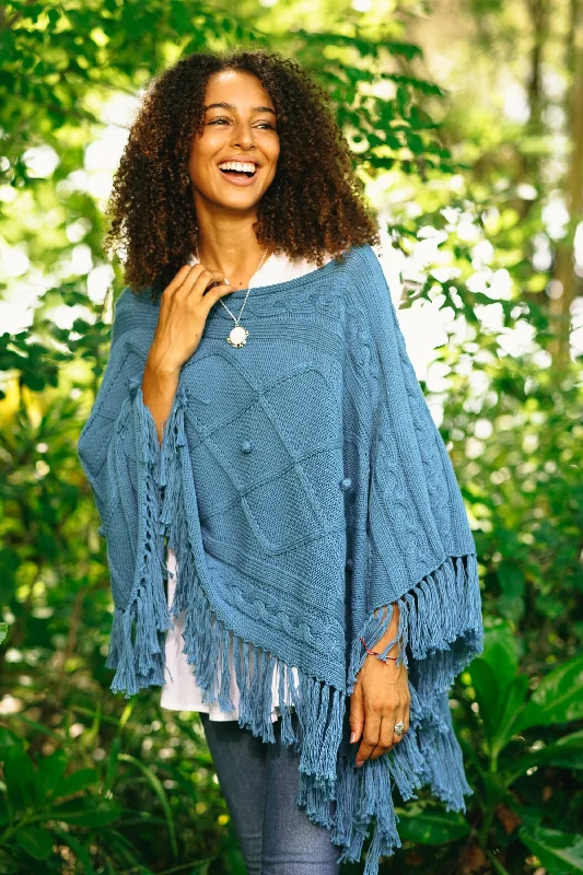 cardigan work casual -Charming Knit in Cerulean Short Knit Cotton Poncho in Cerulean from Thailand