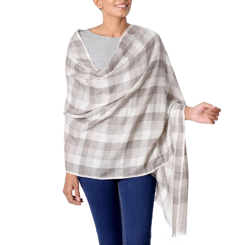 cardigan hip cashmere -Checkered Grace Wool Taupe Checkered Pattern Traditional Shawl from India