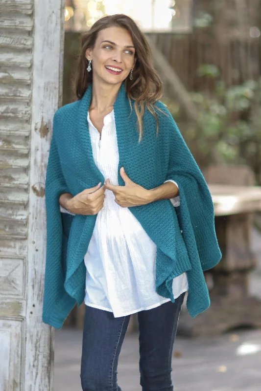 cardigan chic sweater -Chic Warmth in Teal Patterned Knit Cotton Shawl in Teal from Thailand