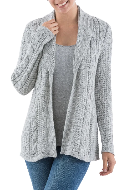 cardigan classy pattern -Classic Chic Versatile Light Grey Cardigan in Soft Alpaca Blend from Peru