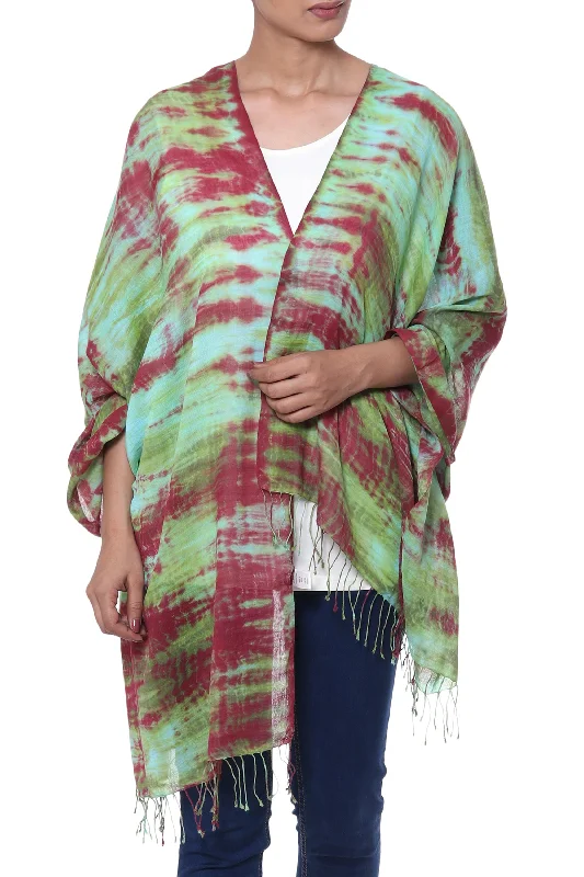 cardigan chill design -Cosmic Waves Red Green and Aqua Tie-Dyed Cotton Shawl with Fringe