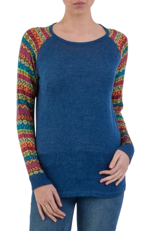 cardigan silky grey -Cusco Market in Blue Blue Tunic Sweater with Multi Color Patterned Sleeves