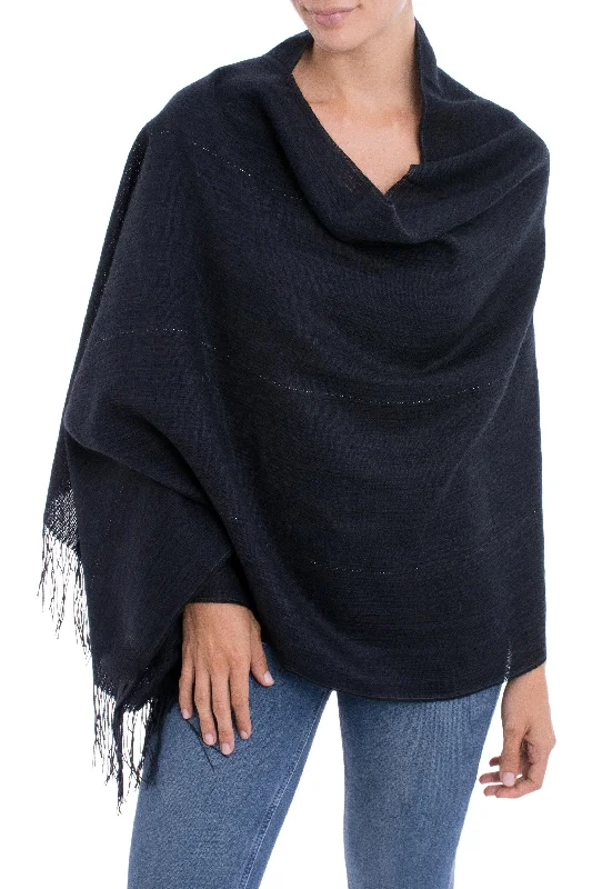 cardigan style trend -Deep Sky Midnight Blue 100% Alpaca Woven Fringed Shawl from Peru