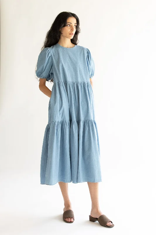 cardigan hip cotton -DENIM TIERED MIDI DRESS