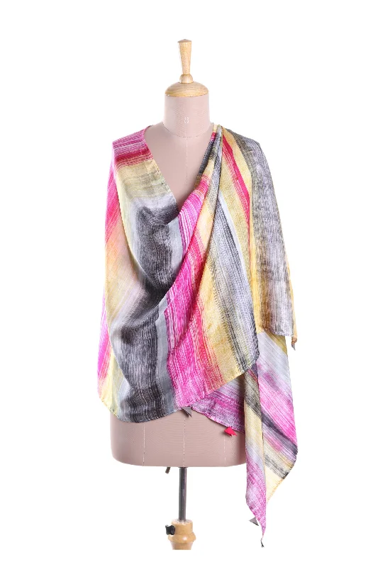 cardigan laidback alpaca -Dramatic Day Fuchsia and Multi-Color Striped Hand Printed 100% Silk Shawl