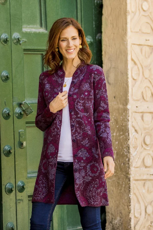 cardigan striking olive -Dream Garden in Maroon Floral 100% Baby Alpaca Cardigan in Maroon from Peru