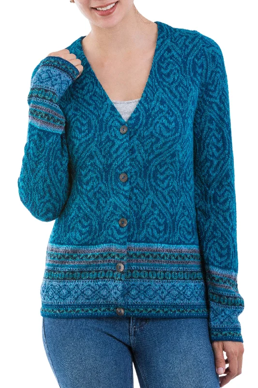 cardigan heated blend -Dreamy Blues Teal 100% Alpaca Wool Cardigan Sweater from Peru