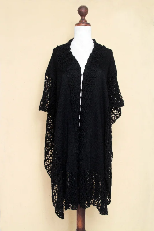 cardigan silky cashmere -Ebony Whisper Lacy Knitted Black 100% Alpaca Long Kimono Cape from Peru