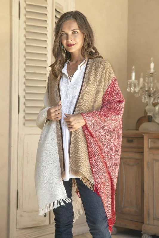 cardigan chill hues -Fantastic Combination Tri-Color Suede Accented 100% Baby Alpaca Ruana from Peru