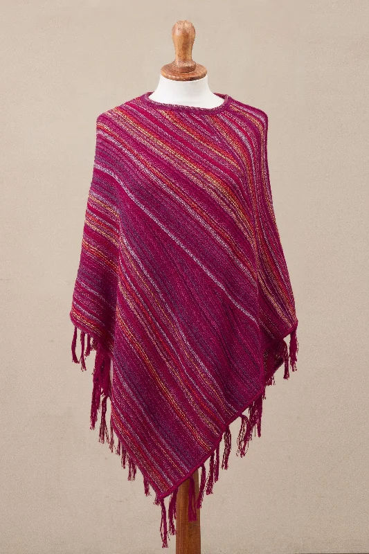 cardigan trendy blend -Festive Flair 100% Alpaca Knit Poncho Fuchsia with Stripes and Tassels