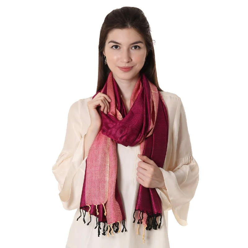 cardigan earthy hues -Fuchsia Glory Handwoven Silk Shawl in Fuchsia and Parchment from India