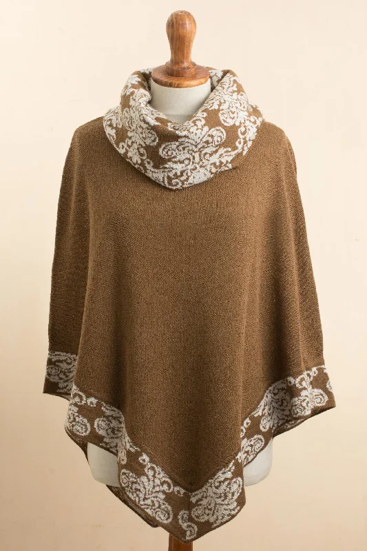 cardigan flowing pattern -Glamour Glimpses Sepia Brown and Ivory Alpaca Blend Cowl Neck Knit Poncho