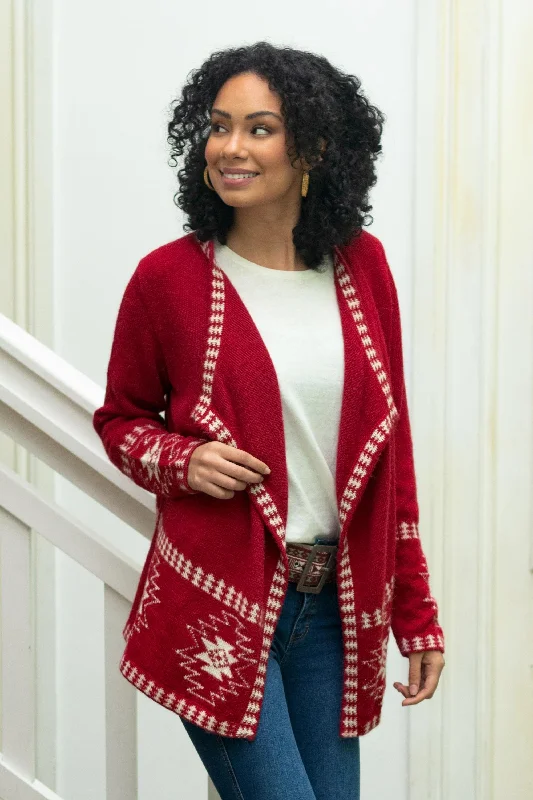 cardigan classy hues -Glyph Stars Red Alpaca Wool Cardigan with White Glyph Stars from Peru