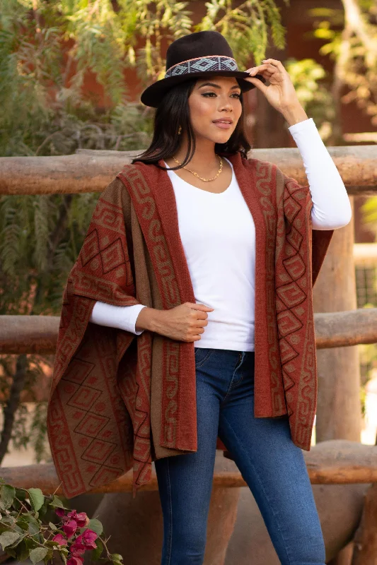 cardigan toasty tones -Inca Adventure Reversible Sepia and Pumpkin Alpaca Blend Hooded Ruana