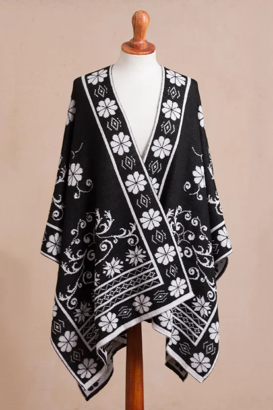 cardigan trendy fabric -Inca Garden in Black Reversible Alpaca Blend Ruana in Black and White from Peru