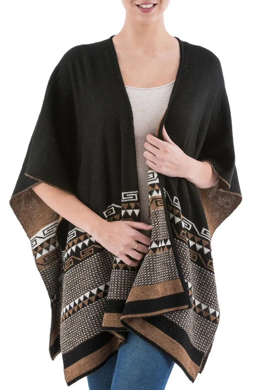 cardigan laidback navy -Incan Kingdom in Golden Brown Reversible Alpaca Blend Ruana in Black and Golden Brown