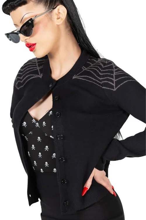 cardigan chic wool -Killstar Web With It Cardigan Gothabilly Spiderweb Detail Knitted