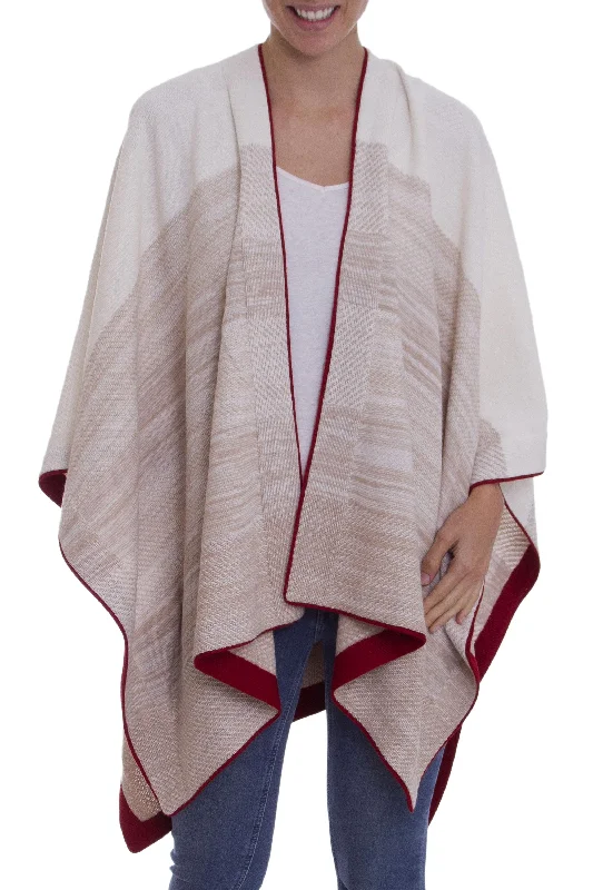 cardigan heated olive -Light of the Desert White and Beige 100% Baby Alpaca Knit Ruana with Red Borders