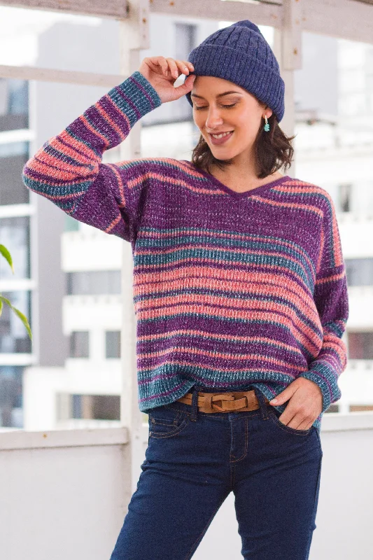 cardigan knit chic -Mesa Sunrise Multi-Color Stripe Alpaca Blend Long Sleeve V-Neck Sweater