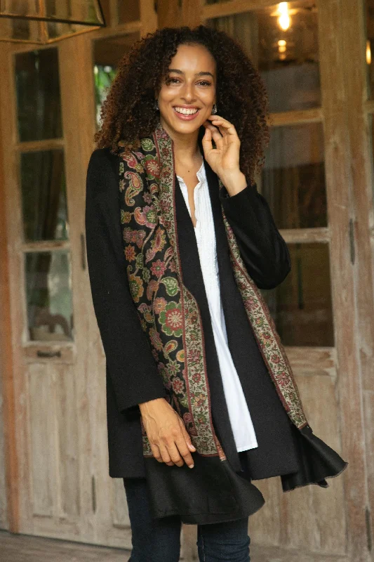 cardigan rustic fall -Midnight Garden Floral Wool Shawl in Black from India