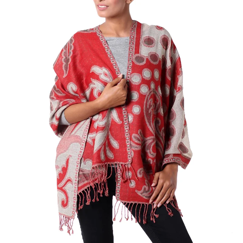 cardigan flowing red -Modern Red Jamawar Red and Beige Modern Wool Shawl from India