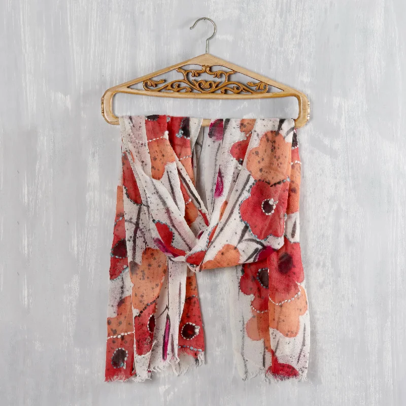 cardigan retro cardigan -Morning Allure Red and Orange Floral Wool Shawl from India