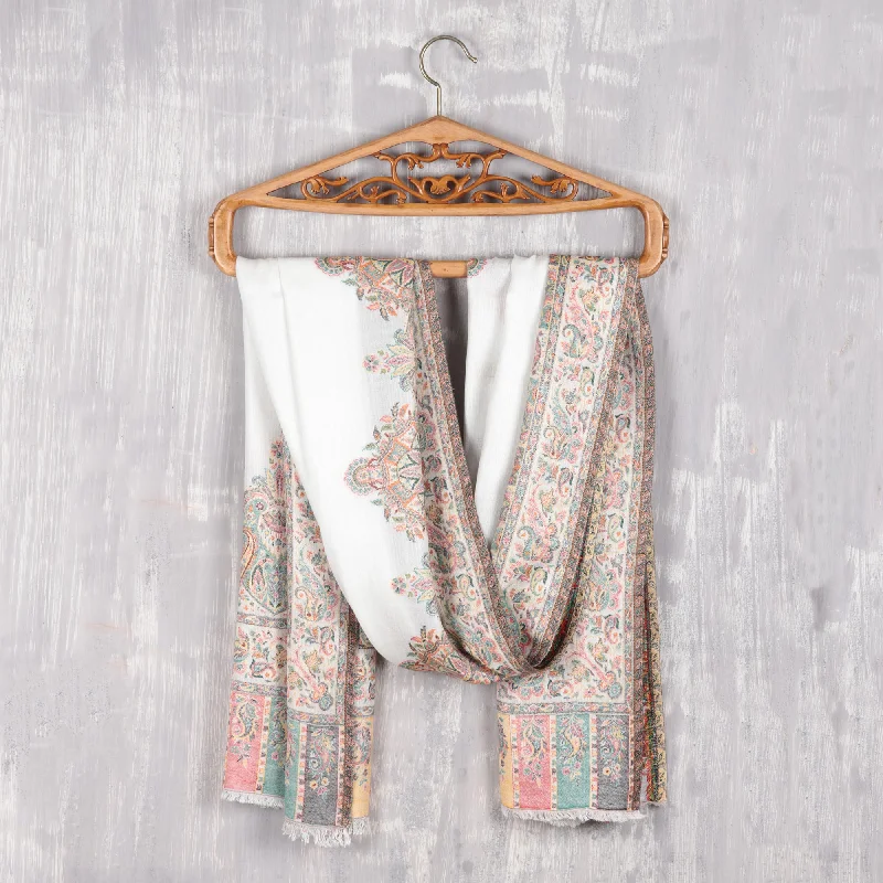 cardigan classy alpaca -Mughal Fresco Modal Woven Shawl White with Multicolored Motifs